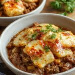 A hearty casserole dish featuring layers of golden-brown mashed potatoes topped with seasoned ground beef and melted cheese, garnished with fresh herbs. The dish is served in a rustic white ceramic baking dish, with slices revealing the rich layers of meat, potatoes, and crispy edges, set on a wooden table with a warm, inviting ambiance.
