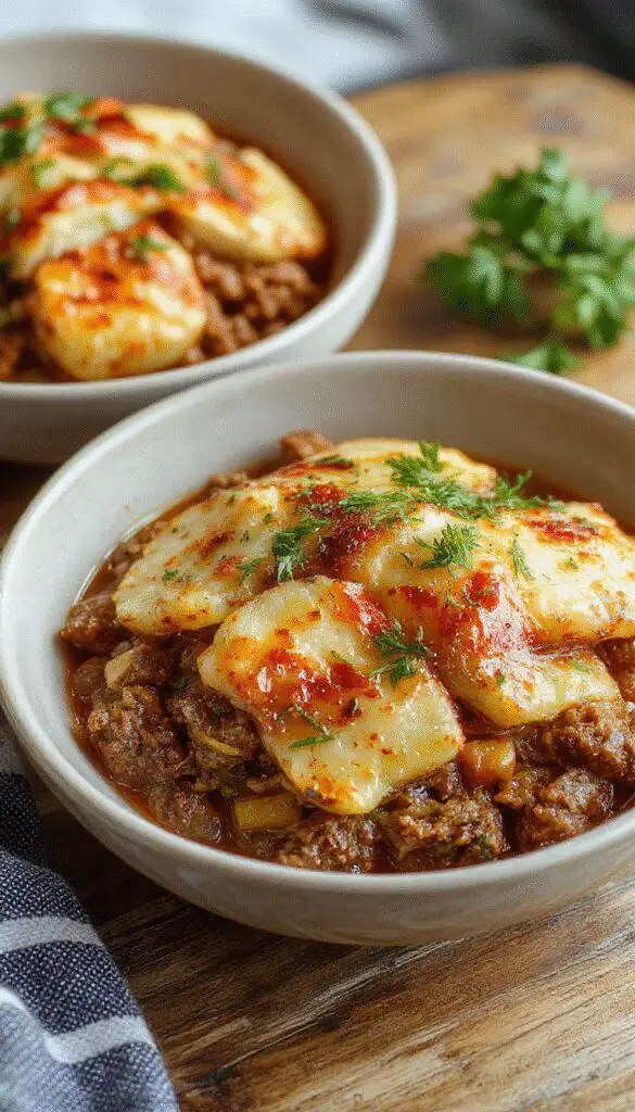 A hearty casserole dish featuring layers of golden-brown mashed potatoes topped with seasoned ground beef and melted cheese, garnished with fresh herbs. The dish is served in a rustic white ceramic baking dish, with slices revealing the rich layers of meat, potatoes, and crispy edges, set on a wooden table with a warm, inviting ambiance.