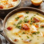 A hearty bowl of sausage potato soup topped with chopped green herbs and freshly cracked black pepper. The soup has a creamy, thick texture with visible chunks of sausages, tender potato pieces, and a sprinkle of herbs, presented in a rustic white bowl on a wooden table.