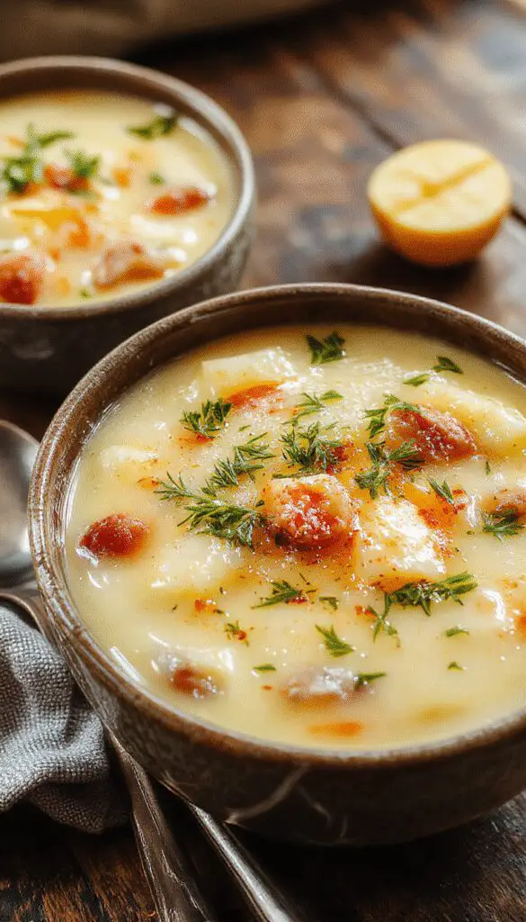 A hearty bowl of sausage potato soup topped with chopped green herbs and freshly cracked black pepper. The soup has a creamy, thick texture with visible chunks of sausages, tender potato pieces, and a sprinkle of herbs, presented in a rustic white bowl on a wooden table.