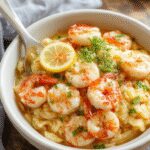 A close-up of the vibrant dish showcasing tender shrimp arranged on a bed of perfectly cooked orzo pasta coated in a glossy lemon garlic sauce. The dish is garnished with fresh parsley and lemon wedges, with the bright yellow sauce contrasting against the plump pink shrimp and creamy pasta, all presented on an elegant white plate with a rustic wooden background.
