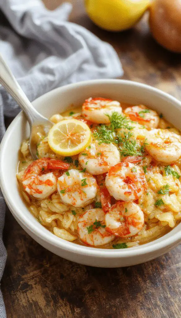 A close-up of the vibrant dish showcasing tender shrimp arranged on a bed of perfectly cooked orzo pasta coated in a glossy lemon garlic sauce. The dish is garnished with fresh parsley and lemon wedges, with the bright yellow sauce contrasting against the plump pink shrimp and creamy pasta, all presented on an elegant white plate with a rustic wooden background.