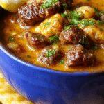 A hearty bowl of beef coconut curry garnished with fresh cilantro, surrounded by sliced red chilies and lime wedges. The curry has a creamy, golden appearance with chunks of tender beef and a rich coconut sauce, served on a rustic wooden table with a spoon resting beside.