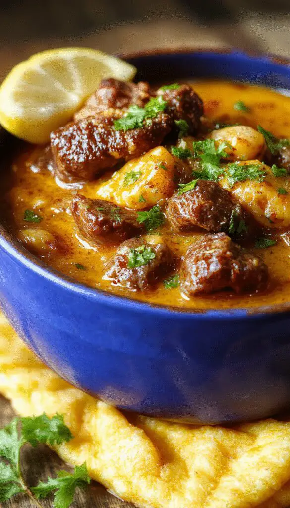 A hearty bowl of beef coconut curry garnished with fresh cilantro, surrounded by sliced red chilies and lime wedges. The curry has a creamy, golden appearance with chunks of tender beef and a rich coconut sauce, served on a rustic wooden table with a spoon resting beside.