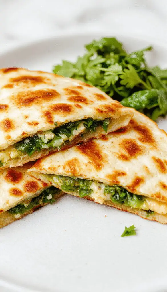 Golden-brown quesadillas sliced open to reveal a melted cheese filling mixed with vibrant green spinach and crumbled white feta cheese, garnished with fresh herbs on a rustic plate.