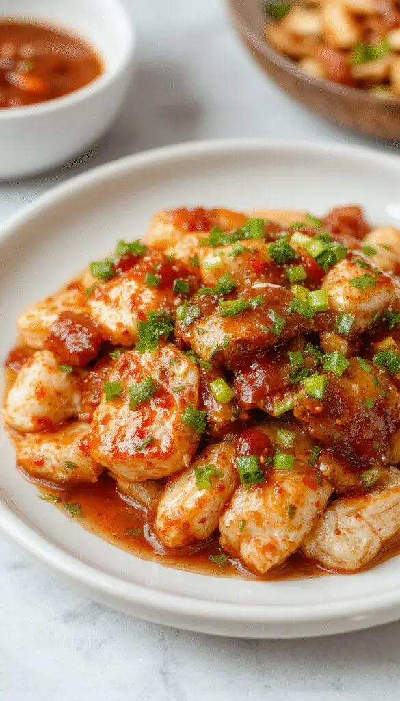 A close-up of tender, golden-brown chicken pieces coated in a glossy, vibrant red sweet chili glaze garnished with sliced green onions and sesame seeds on a white plate, with a background of fresh ingredients and a dipping bowl of extra sauce.