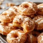 A close-up image of golden-brown churro donut bites with a crispy exterior, dusted generously with cinnamon sugar, arranged on a rustic white platter with a few bites taken out to reveal the soft interior.