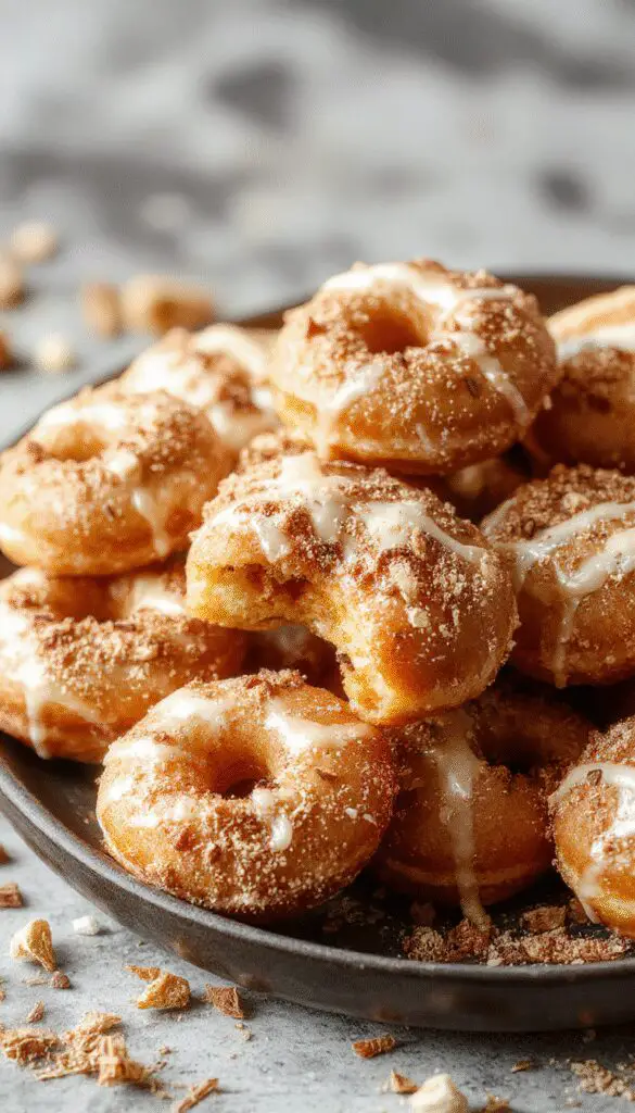 A close-up image of golden-brown churro donut bites with a crispy exterior, dusted generously with cinnamon sugar, arranged on a rustic white platter with a few bites taken out to reveal the soft interior.