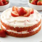 A layered strawberry cream cake with smooth white frosting, topped with fresh sliced strawberries and a sprinkle of powdered sugar. The cake is elegantly displayed on a white cake stand with a rustic wooden background, highlighting its moist texture and vibrant red strawberries contrasting with the creamy white layers.