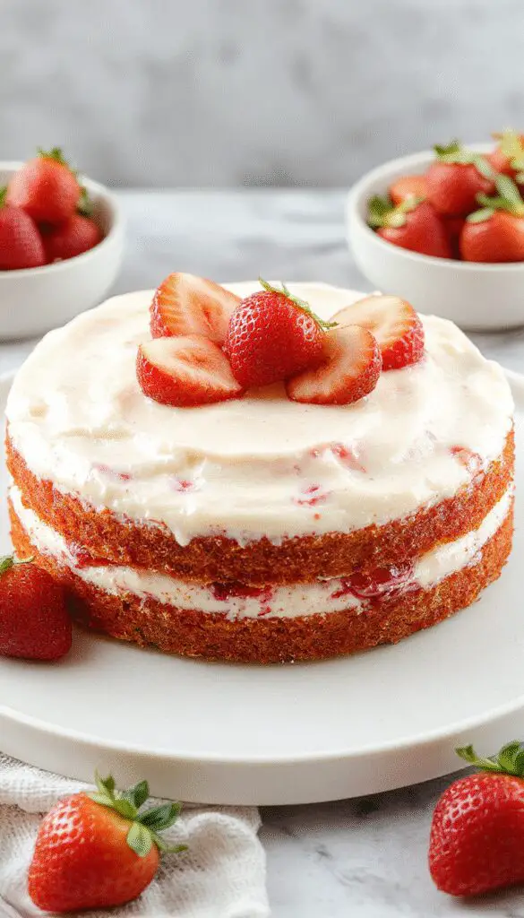A layered strawberry cream cake with smooth white frosting, topped with fresh sliced strawberries and a sprinkle of powdered sugar. The cake is elegantly displayed on a white cake stand with a rustic wooden background, highlighting its moist texture and vibrant red strawberries contrasting with the creamy white layers.