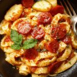A vibrant plate of tomato zucchini pasta featuring spiraled zucchini noodles topped with a rich, red tomato sauce, garnished with fresh basil leaves. The dish is presented on a rustic white plate, with a sprinkle of grated cheese and a drizzle of olive oil, showcasing the colorful vegetables and glossy sauce.