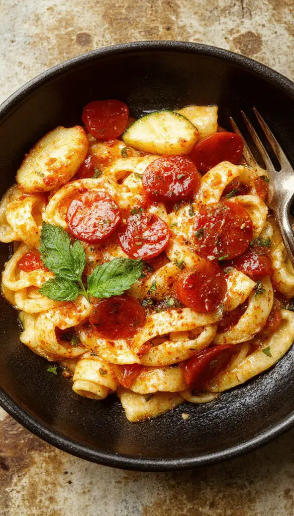 A vibrant plate of tomato zucchini pasta featuring spiraled zucchini noodles topped with a rich, red tomato sauce, garnished with fresh basil leaves. The dish is presented on a rustic white plate, with a sprinkle of grated cheese and a drizzle of olive oil, showcasing the colorful vegetables and glossy sauce.