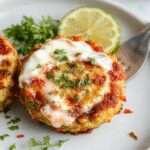 Golden-brown chickpea patties topped with vibrant green herbs and drizzled with creamy white yogurt sauce, arranged neatly on a rustic plate garnished with lemon wedges. The patties have a crisp exterior and soft interior, with fresh herbs visible throughout, set against a clean background with a splash of colorful Mediterranean vegetables in the background.