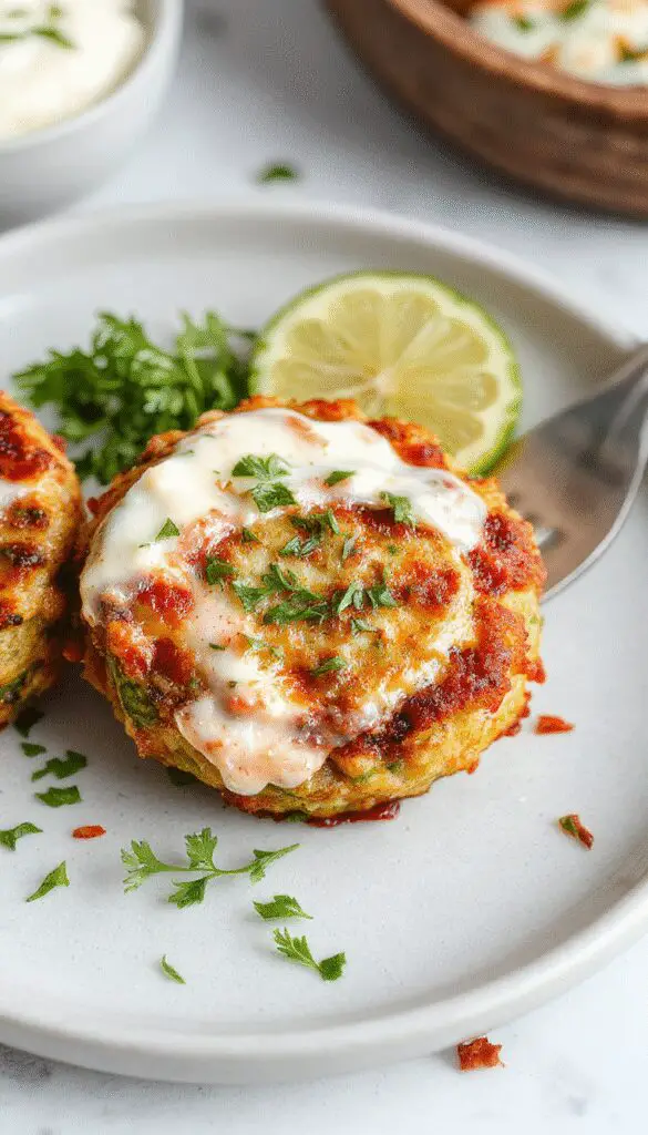 Golden-brown chickpea patties topped with vibrant green herbs and drizzled with creamy white yogurt sauce, arranged neatly on a rustic plate garnished with lemon wedges. The patties have a crisp exterior and soft interior, with fresh herbs visible throughout, set against a clean background with a splash of colorful Mediterranean vegetables in the background.