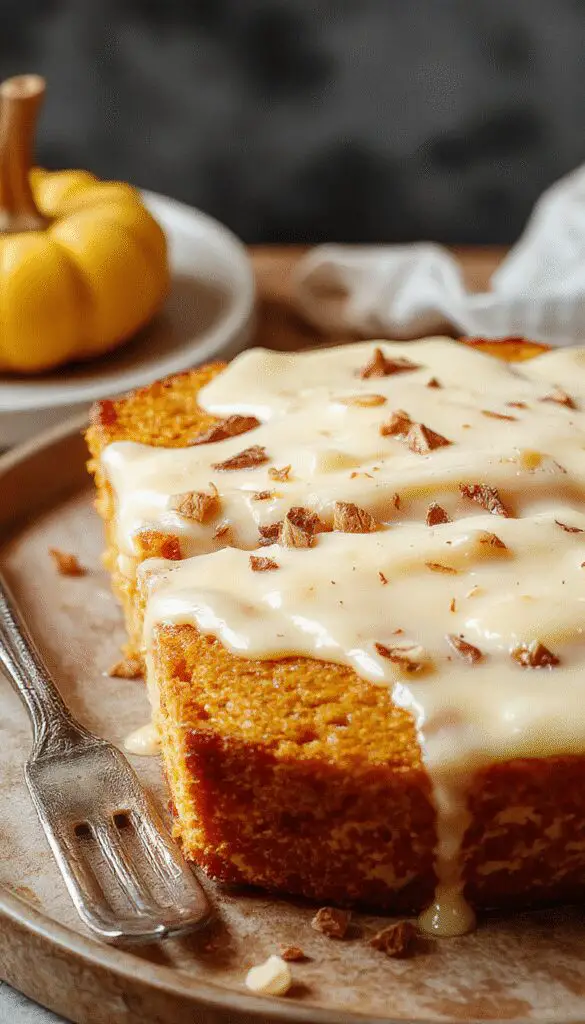 A slice of pumpkin bread topped with a swirl of vanilla pudding, served on a rustic wooden plate. The bread has a golden-brown crust with visible pumpkin specks, complemented by a creamy white vanilla pudding glaze that drips slightly over the edges. The presentation is enhanced with a light dusting of powdered sugar and a sprig of fresh mint for contrast.