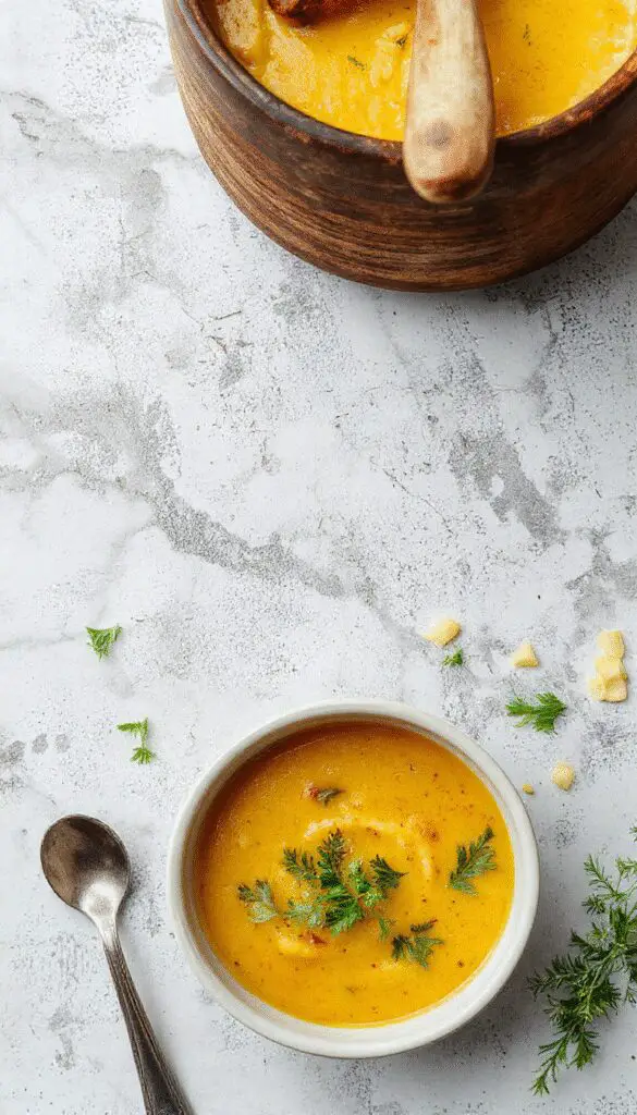 A vibrant bowl of vegan lemon lentil soup with a bright yellow hue, garnished with fresh herbs and a lemon wedge, served on a rustic wooden table with a spoon nearby, steam gently rising from the soup.