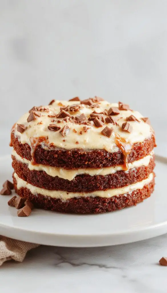 A layered white German chocolate cake with smooth white frosting, topped with toasted coconut flakes and pecans, presented on a white platter with a decorative fork. The cake slices reveal a moist, fluffy interior contrasted by the glossy icing.