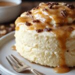 A close-up of a slice of gooey coffee caramel cake on a white plate, showcasing its rich caramel filling with a glossy, gooey texture. The cake has a moist, layered appearance with a deep coffee-brown top and a caramel-colored interior. The surface is slightly shiny and sticky, with some caramel drizzle visible. The background features a rustic wooden table with a coffee cup and a fork, enhancing the cozy, indulgent atmosphere.