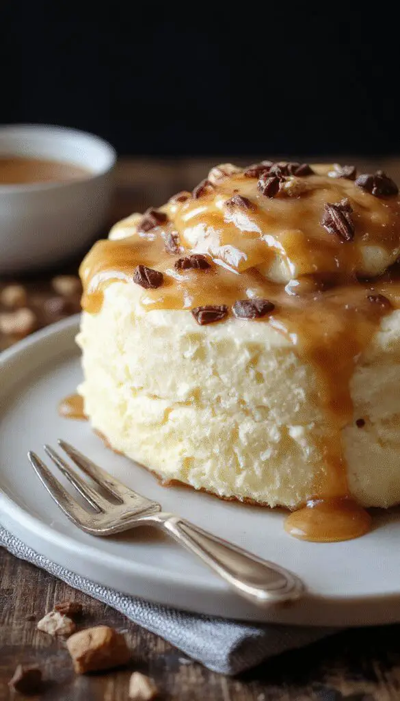 A close-up of a slice of gooey coffee caramel cake on a white plate, showcasing its rich caramel filling with a glossy, gooey texture. The cake has a moist, layered appearance with a deep coffee-brown top and a caramel-colored interior. The surface is slightly shiny and sticky, with some caramel drizzle visible. The background features a rustic wooden table with a coffee cup and a fork, enhancing the cozy, indulgent atmosphere.
