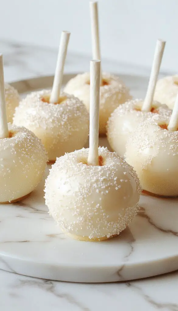 A close-up of elegant white candy apples coated with a glossy, smooth white glaze, each topped with a delicate edible glitter sparkle. The apples are presented on a decorative tray with a soft-focus background featuring subtle winter decor and twinkling lights, emphasizing their pristine appearance and festive charm.