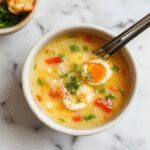 A steaming bowl of golden yellow egg drop soup garnished with thin green onions, showcasing wisps of egg ribbons floating in a clear broth, placed on a clean, white plate with a spoon beside it and a sprig of fresh herbs for garnish.
