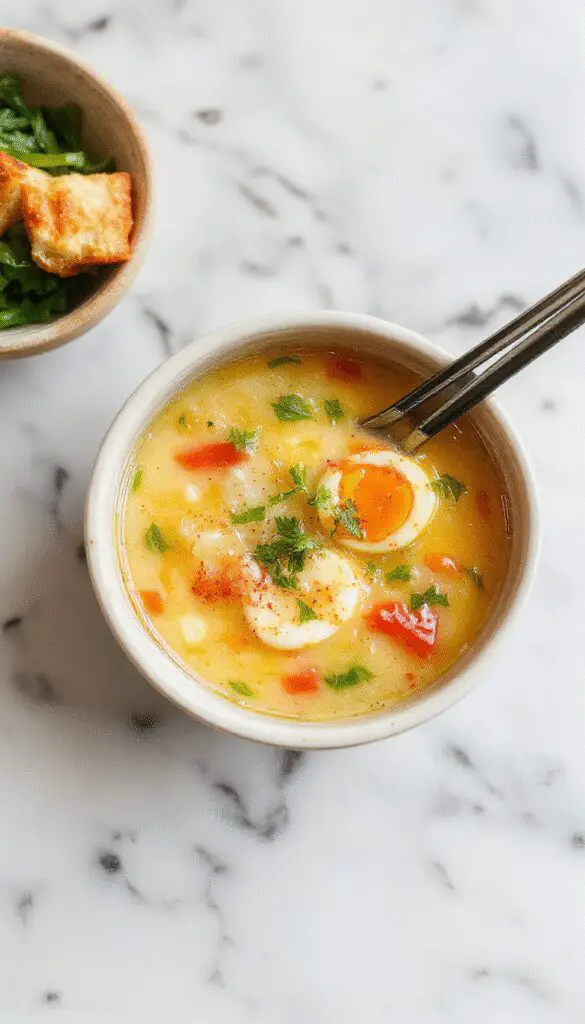 A steaming bowl of golden yellow egg drop soup garnished with thin green onions, showcasing wisps of egg ribbons floating in a clear broth, placed on a clean, white plate with a spoon beside it and a sprig of fresh herbs for garnish.