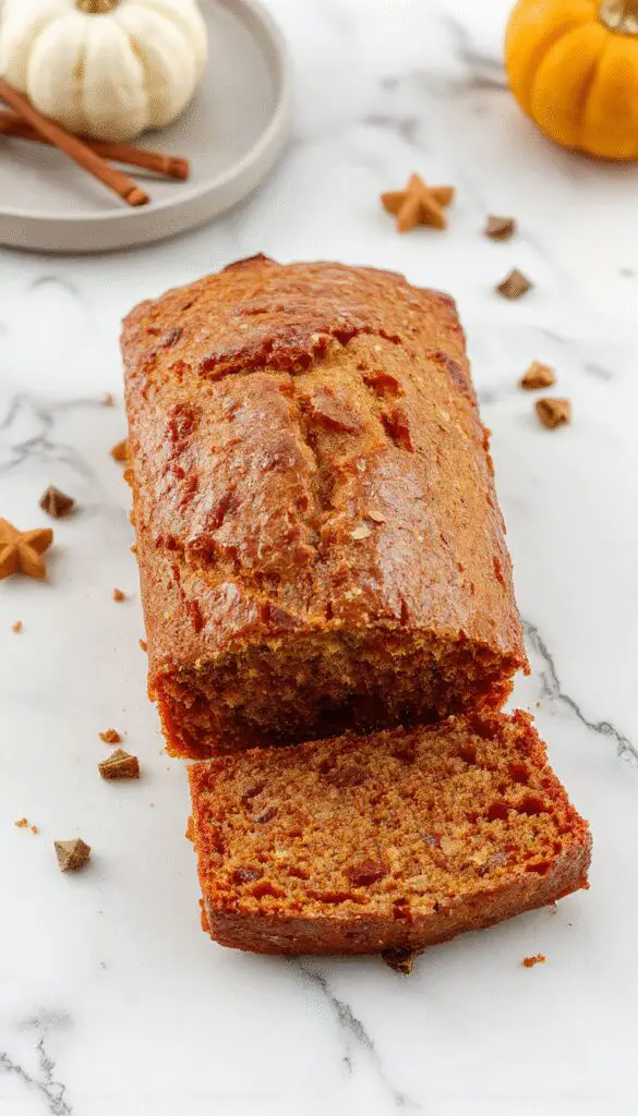 A slice of golden-brown pumpkin spice bread with a slightly cracked top, topped with a sprinkle of cinnamon and a drizzle of glaze. The bread is presented on a rustic white plate with a few pumpkin seeds and a cinnamon stick beside it, set against a warm wooden table background.