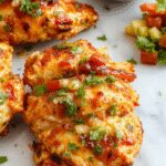 Colorful sheet pan with vibrant sliced bell peppers in red, yellow, and green, tender seasoned chicken strips, melted cheese, and fresh cilantro garnish, all arranged neatly with a few lime wedges on a rustic wooden background.