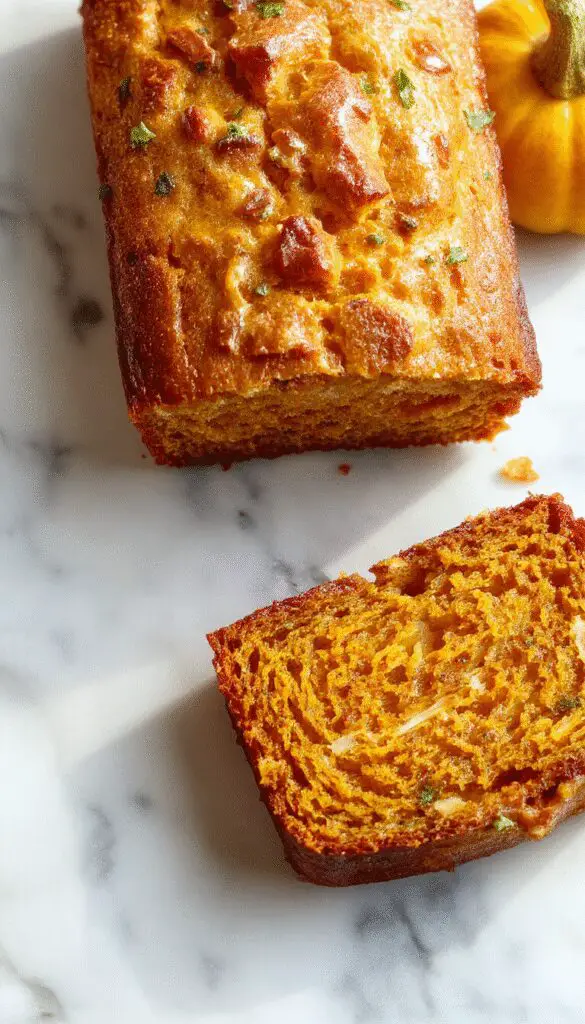 A freshly baked loaf of pumpkin zucchini bread sliced to reveal a moist, dense interior with swirls of vibrant orange pumpkin and green zucchini. The bread has a golden-brown crust and is placed on a rustic wooden surface, garnished with a sprinkle of powdered sugar and a few zucchini and pumpkin slices beside it. The background features a cozy kitchen setting with natural light highlighting the textures and colors.