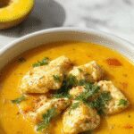 A steaming bowl of golden turmeric chicken soup garnished with fresh herbs, pieces of chicken, vegetables, and a drizzle of turmeric infusion visible in the broth, served in a rustic white bowl on a wooden table.