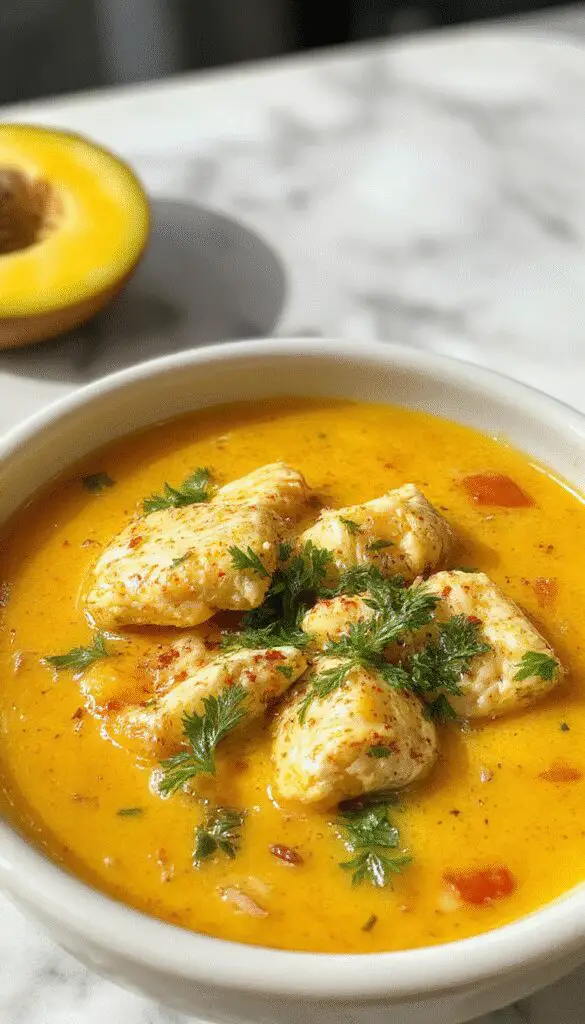 A steaming bowl of golden turmeric chicken soup garnished with fresh herbs, pieces of chicken, vegetables, and a drizzle of turmeric infusion visible in the broth, served in a rustic white bowl on a wooden table.