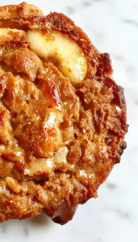 A golden-brown apple bread loaf sliced open to reveal a moist, cinnamon-spiced interior dotted with tender apple chunks. The loaf is placed on a rustic wooden board, with a few slices fanned out to showcase the soft crumb and flecks of cinnamon. The background features a cozy autumn setting with fall leaves and a hint of caramel drizzle.