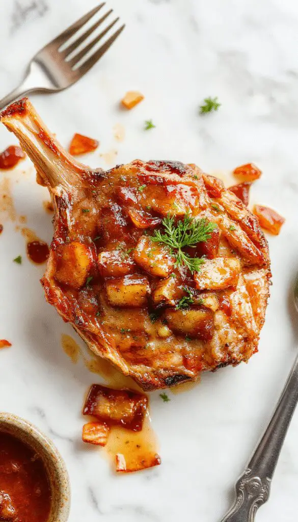 Plate featuring two golden-brown pork chops topping a glossy, ruby-red apple chutney with visible chunks of apple and onion. The meat rests on a rustic wooden surface, with a garnish of fresh herbs and a side of caramelized apples adding visual appeal.