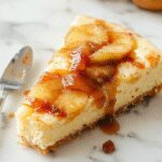 A creamy apple cider cheesecake topped with a glossy caramel glaze and cinnamon-sugar drizzle. The cheesecake sits on a rustic wooden platter, garnished with slices of fresh apple and a sprinkling of cinnamon. The graham cracker crust is visible at the base, while the smooth surface reflects soft light, highlighting its rich texture.