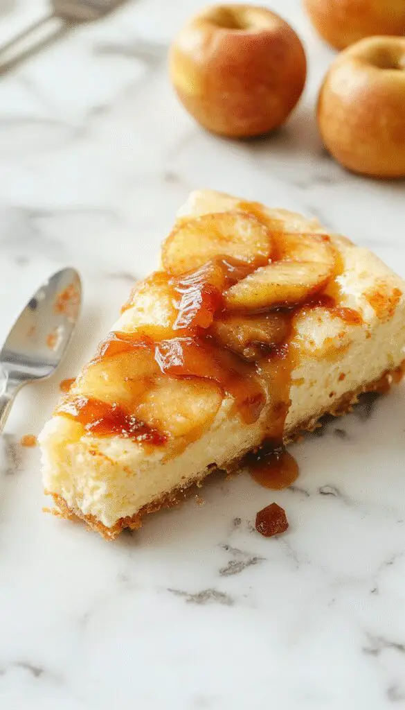 A creamy apple cider cheesecake topped with a glossy caramel glaze and cinnamon-sugar drizzle. The cheesecake sits on a rustic wooden platter, garnished with slices of fresh apple and a sprinkling of cinnamon. The graham cracker crust is visible at the base, while the smooth surface reflects soft light, highlighting its rich texture.