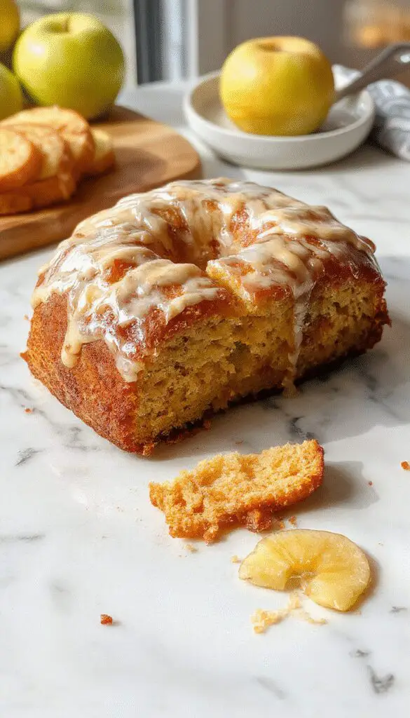 A golden-brown apple cider pound cake sliced to reveal a moist, dense interior, topped with a dusting of powdered sugar and served on a rustic wooden platter, with fresh apple slices and a cinnamon stick garnish, highlighting its fall-inspired flavors.