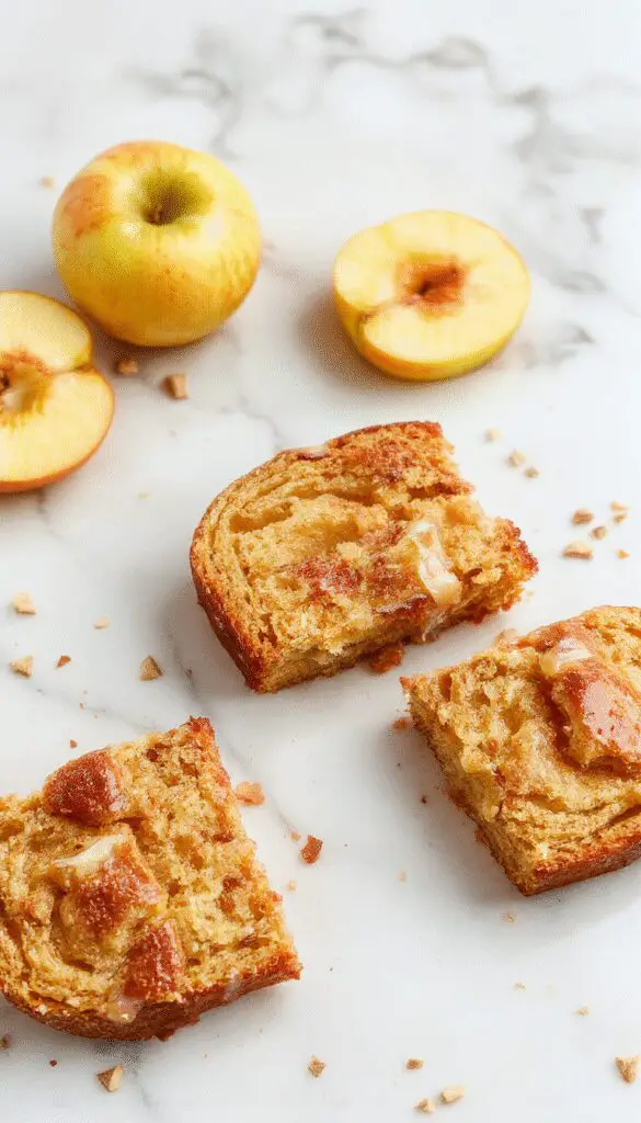 A golden-brown loaf of apple cinnamon bread on a rustic wooden cutting board, sliced to reveal a moist interior with visible chunks of apples and cinnamon swirls. The bread has a glossy sugar glaze on top, with a few slices fanned out beside it. Soft natural light highlights the textures and warm tones of the bread and apples.