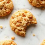 Golden-brown apple crumb cookies with a visible apple filling and a generous crumble topping, arranged on a rustic plate with a sprinkle of cinnamon and a dusting of powdered sugar, garnished with fresh apple slices and a cinnamon stick, set on a wooden table with autumn-themed accents in the background.