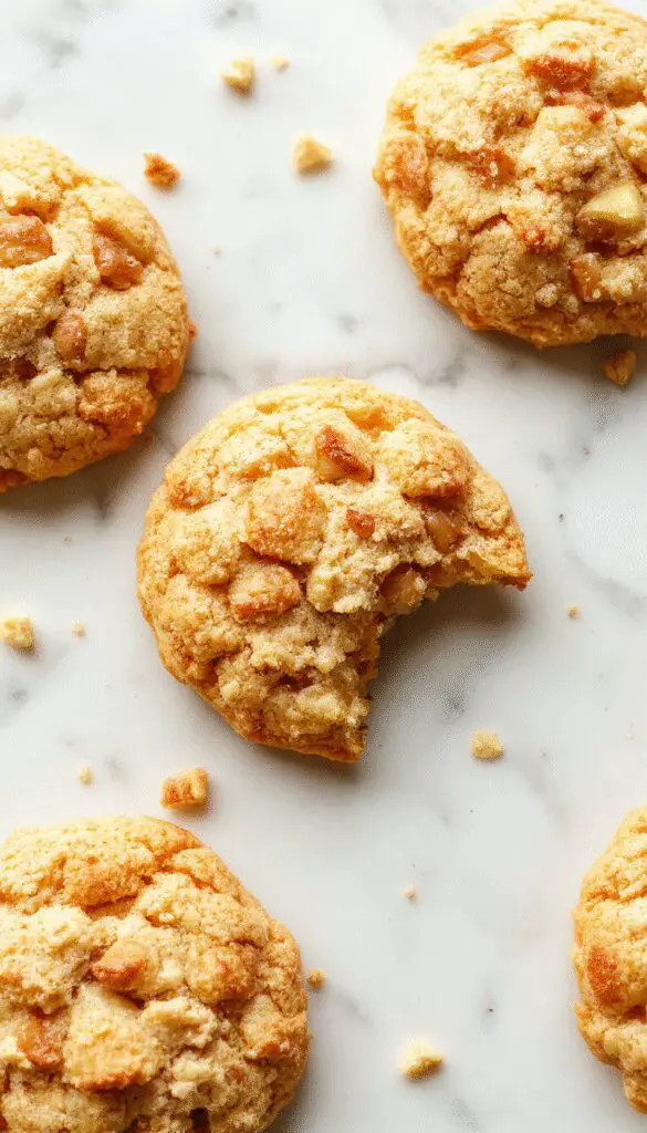Golden-brown apple crumb cookies with a visible apple filling and a generous crumble topping, arranged on a rustic plate with a sprinkle of cinnamon and a dusting of powdered sugar, garnished with fresh apple slices and a cinnamon stick, set on a wooden table with autumn-themed accents in the background.