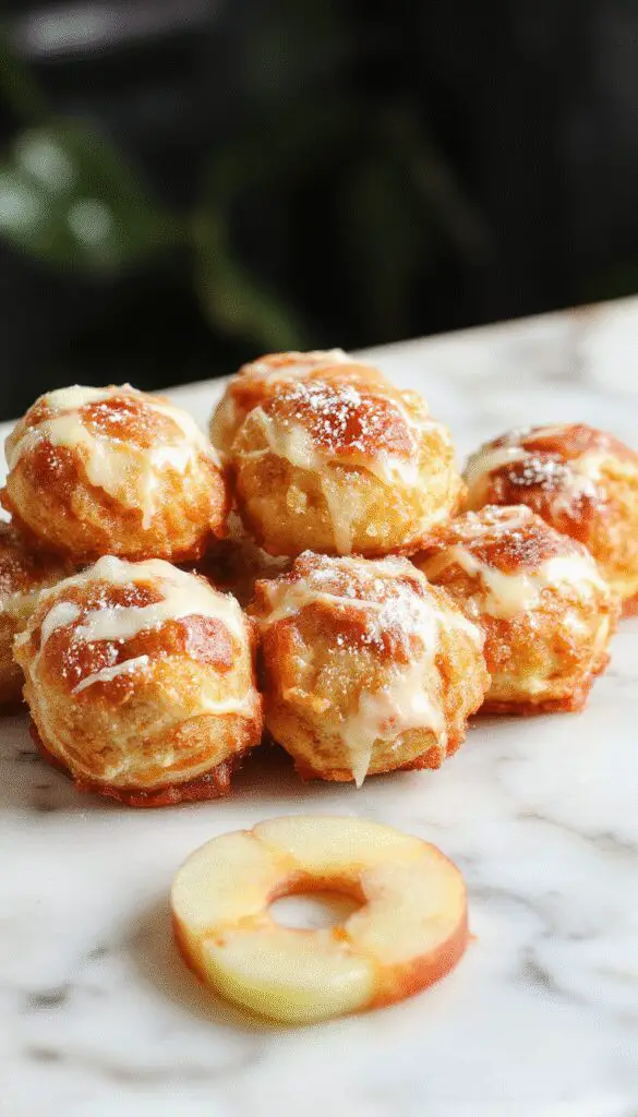 Golden-brown apple fritter bites served on a white plate, dusted with powdered sugar, with visible chunks of apple and a crispy textured surface, garnished with a sprig of mint.