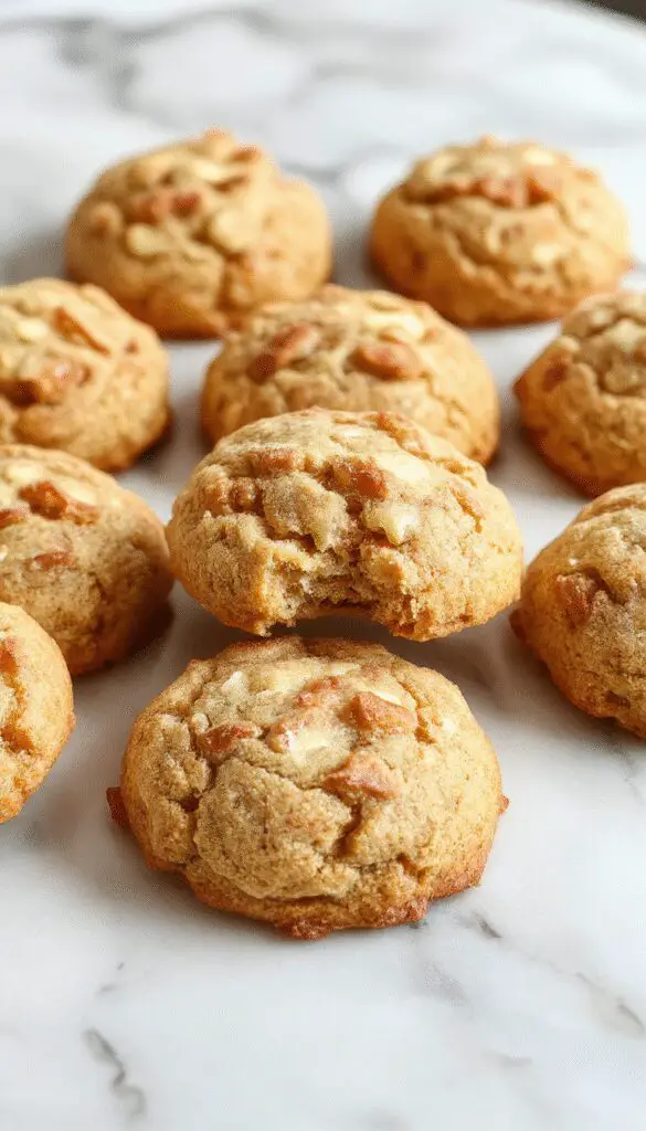 Golden-brown apple snickerdoodles arranged on a rustic white plate with cinnamon sugar coating visible. The cookies have a slightly cracked surface, revealing a soft interior, garnished with a sprinkle of cinnamon. The background includes fall-themed elements like a wooden table, autumn leaves, and a cinnamon stick, creating a warm, inviting atmosphere.