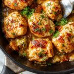 A rustic skillet dish featuring golden-brown chicken breasts topped with juicy apple slices, fresh herbs, and a drizzle of glaze. Surrounding the skillet are vibrant autumn leaves, complementing the warm, inviting colors of the dish. The chicken is perfectly seared with textured skin, accompanied by caramelized apple chunks and sprinkled with herbs, creating an appealing, hearty meal centerpiece.