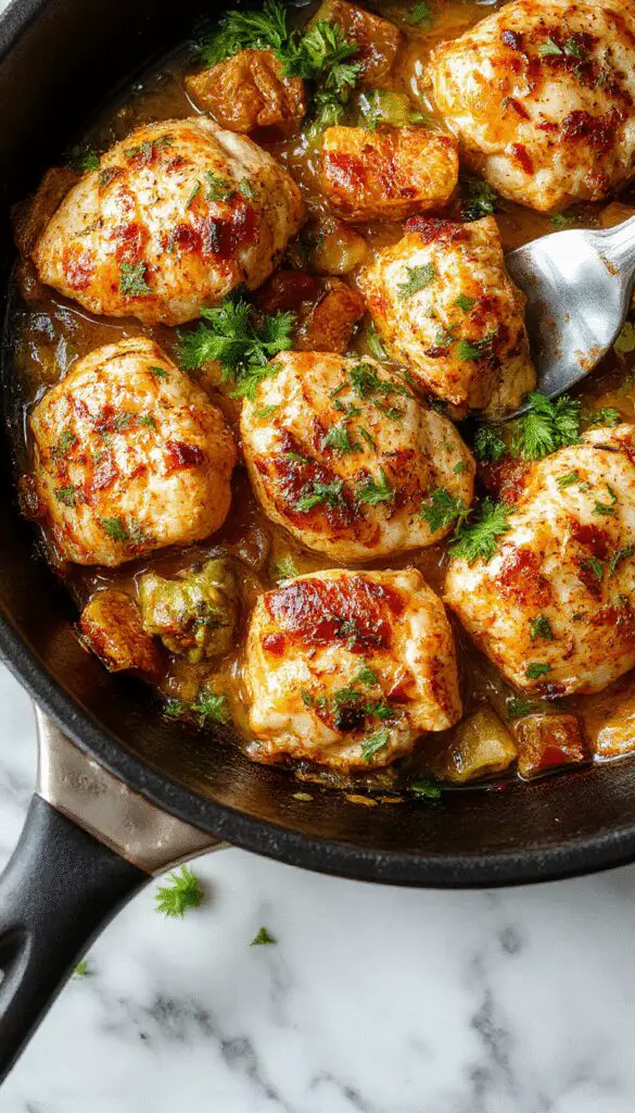 A rustic skillet dish featuring golden-brown chicken breasts topped with juicy apple slices, fresh herbs, and a drizzle of glaze. Surrounding the skillet are vibrant autumn leaves, complementing the warm, inviting colors of the dish. The chicken is perfectly seared with textured skin, accompanied by caramelized apple chunks and sprinkled with herbs, creating an appealing, hearty meal centerpiece.