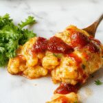 A steaming bowl of BBQ Chicken Mac and Cheese features creamy cheese sauce mixed with tender, shredded BBQ chicken, topped with a sprinkle of chopped herbs and crispy breadcrumbs. The dish is served in a rustic white bowl on a wooden table, garnished with fresh parsley and a drizzle of smoky BBQ sauce, with golden-brown cheese bubbling on top.