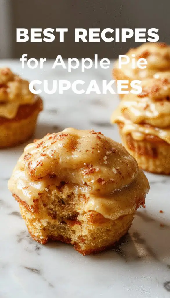 A close-up of golden brown apple pie cupcakes in individual paper liners, topped with a sprinkle of cinnamon and sugar, showcasing a crispy, flaky crust filled with diced apple filling. The cupcakes are arranged on a rustic wooden surface, with a few slices of fresh apple and cinnamon sticks in the background.