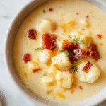 A steaming bowl of creamy bacon cheddar gnocchi soup served with a sprinkle of chopped chives on top. The bowl reveals tender gnocchi, melted cheese, and crispy bacon bits in a rich, velvety broth, presented on a rustic wooden table with a spoon resting nearby.