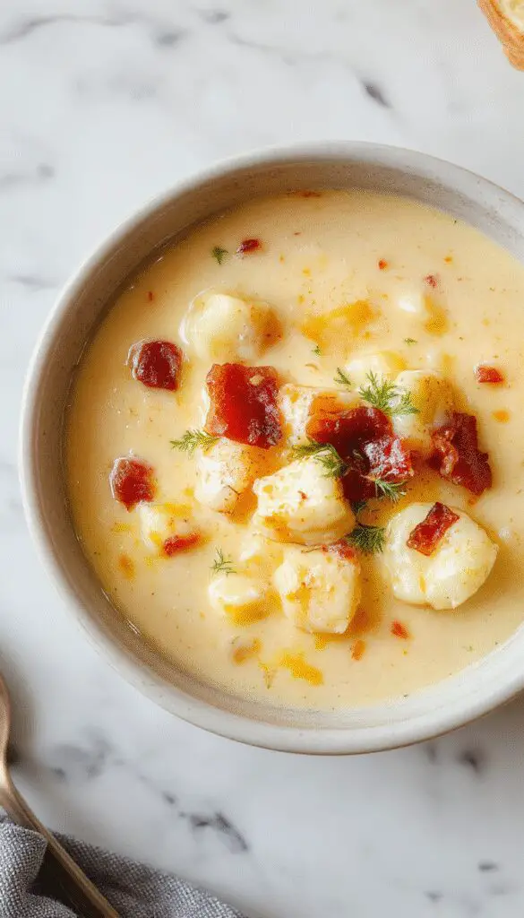 A steaming bowl of creamy bacon cheddar gnocchi soup served with a sprinkle of chopped chives on top. The bowl reveals tender gnocchi, melted cheese, and crispy bacon bits in a rich, velvety broth, presented on a rustic wooden table with a spoon resting nearby.