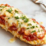 A golden-brown breaded chicken breast topped with melted marinara sauce and bubbly mozzarella cheese, garnished with fresh basil leaves, presented on a white plate with a side of spaghetti and a sprinkle of grated Parmesan cheese.