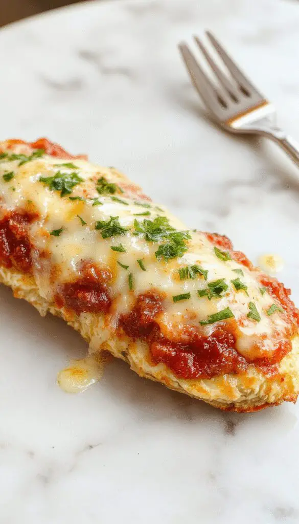 A golden-brown breaded chicken breast topped with melted marinara sauce and bubbly mozzarella cheese, garnished with fresh basil leaves, presented on a white plate with a side of spaghetti and a sprinkle of grated Parmesan cheese.
