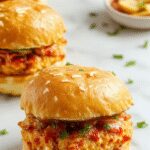 A close-up of golden-brown chicken sliders stacked on a wooden serving board. The sliders are topped with a drizzle of spicy sauce, crispy lettuce, and soft buns with sesame seeds. The background features a picnic table with fresh ingredients and a hint of vibrant green herbs.